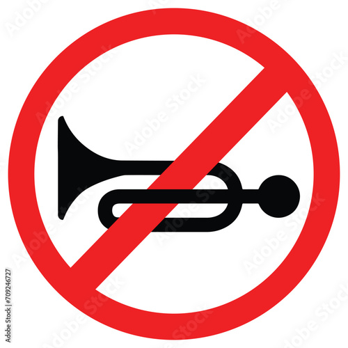 No Horn Traffic Sign.  Vector illustration of red crossed out circular no traffic sign with trumpet icon inside. DON'T HONK. No honking here. Vector illustration.



