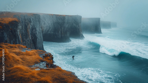 A serene coastal landscape featuring a lone surfer waiting for the perfect wave, surrounded by rugged cliffs and a vast expanse of ocean, capturing the solitary beauty and contempl