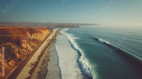 A serene coastal landscape featuring a lone surfer waiting for the perfect wave, surrounded by rugged cliffs and a vast expanse of ocean, capturing the solitary beauty and contempl