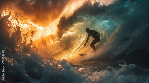 A surfer's perspective captured underwater as they ride through the tunnel of a breaking wave, the sunlight filtering through the water, creating an ethereal and immersive portraya photo