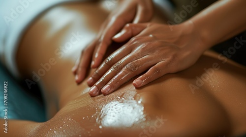 Wallpaper Mural Hands gently press on moist, glossy skin with delicate application of massage oil in a serene spa setting. Comfort and care exude from the focused touch Torontodigital.ca