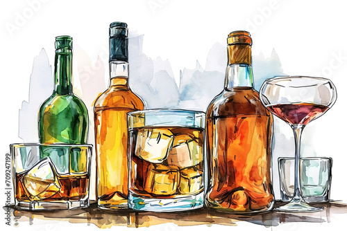 Bottles and glasses with alcoholic beverages on white background, color sketch illustration photo