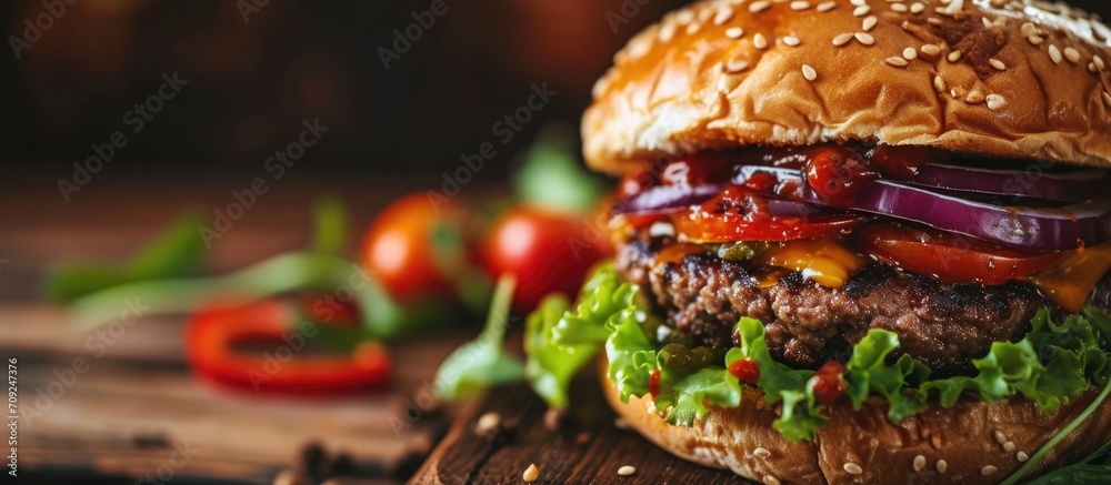 Vegetable and beef burger in closeup. Vegetable and beef burger in closeup.