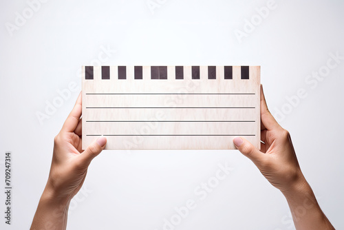 Hands holding a wooden clapperboard slate against a white background. photo