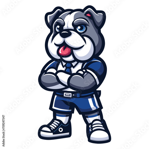 Cute cartoon bulldog puppy in sport shirt mascot character design vector, logo template isolated on white background