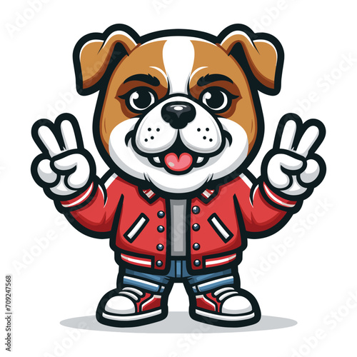 Cute cartoon bulldog puppy in varsity jacket giving peace sign mascot character design vector, logo template isolated on white background