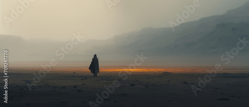 A mystical scene with a landscape and a man standing alone in the center