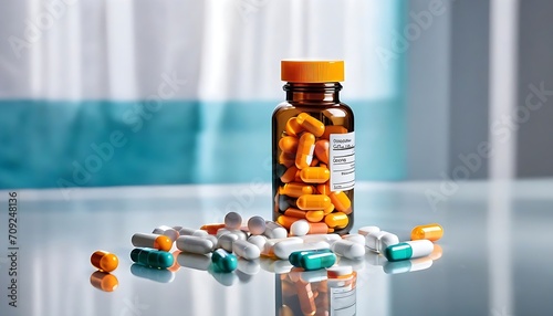 Prescription opioids, with bottle of many pills on the mirror light table. Concept of addiction, opioid crisis, overdose and medicine shopping.