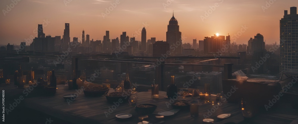 Rooftop party blur city background of blurry sunrise or happy golden hour sunset evening with heatwa