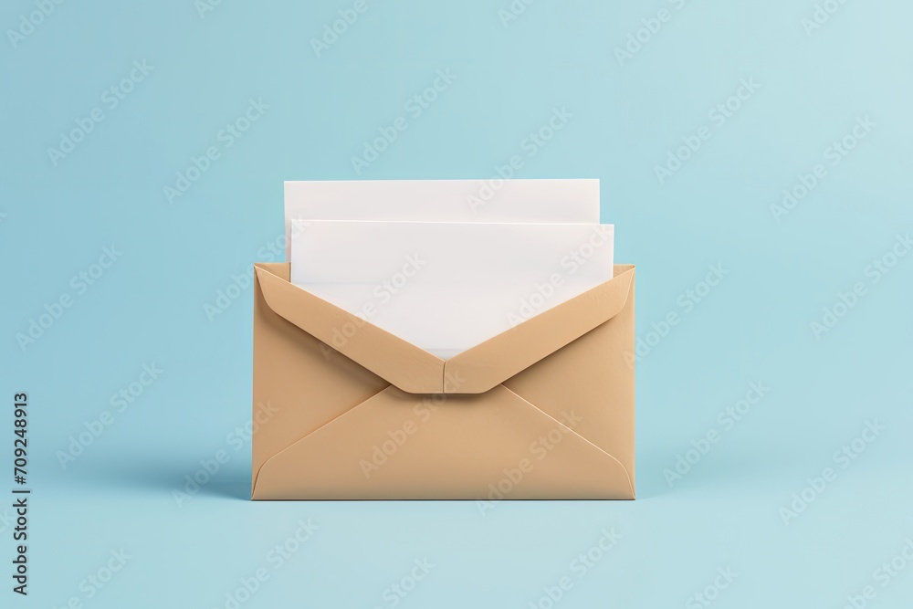 Envelope and papers in a brown mail package against a blue backdrop.