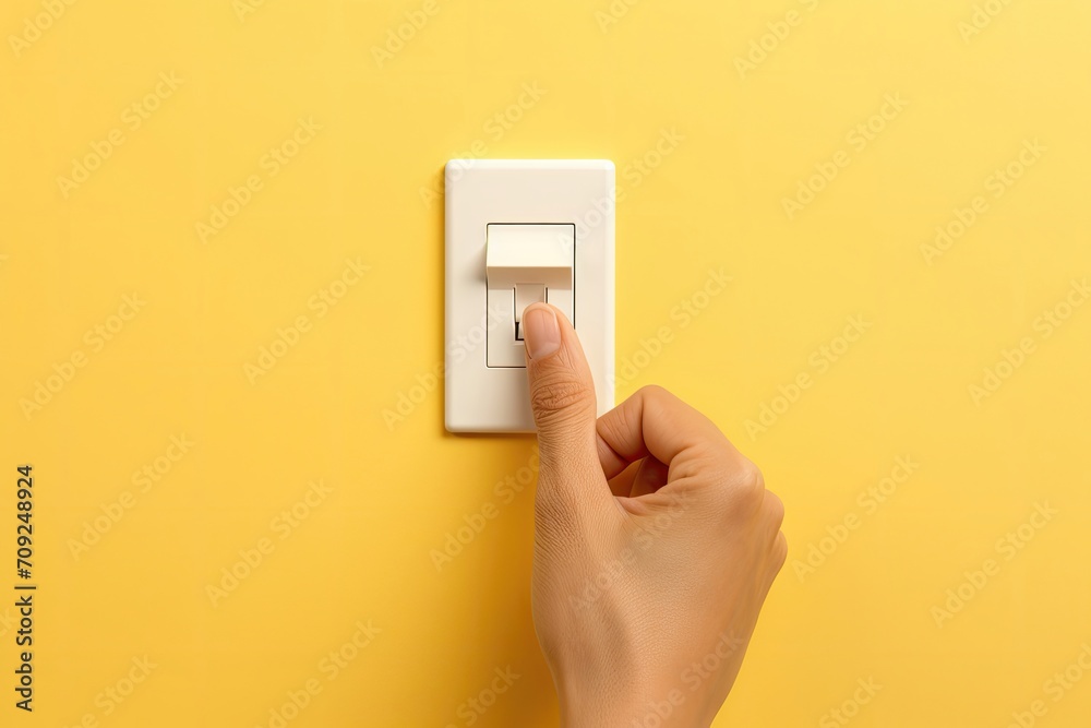 Hand pressing a light switch on a yellow wall. Hand pressing a light switch on a yellow wall.