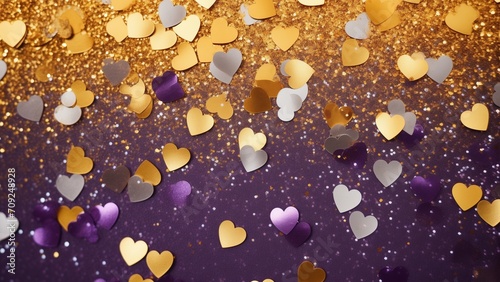 Gold Glitter and Violet Shiny Aesthtetic Valentine's Day background: perfect as Desktop romantic wallpaper, zoom or meet background, including hearts and glitter