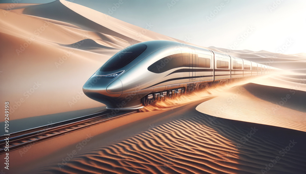 AI illustration of a futuristic train speeding across vast sand dunes.