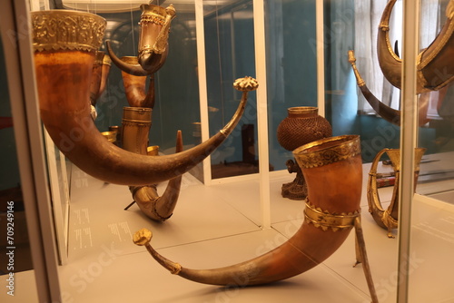 Photography Medieval drinking horns display in the glass cabinet