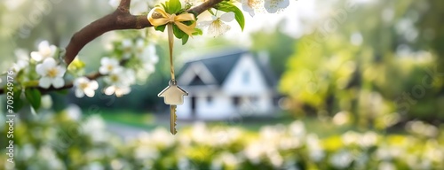 House key hanging from a blooming tree branch in spring garden. Flowering background, blurred private home. Real estate, moving home or renting property concept. Panorama with copy space. photo
