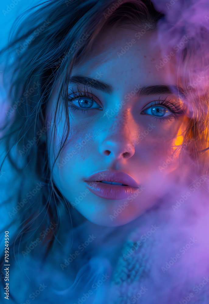 A Young Female model in a surround dissolve in neon swirling flowing smoke fog