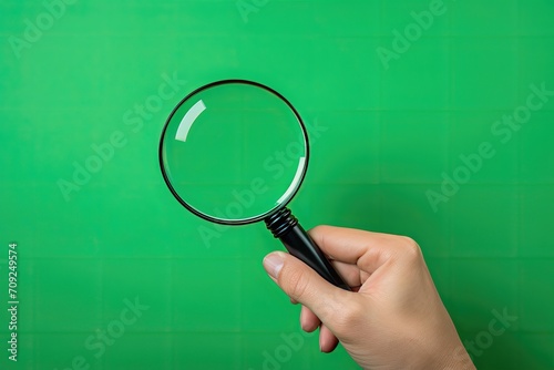 Hand with a magnifying glass against a green backdrop.