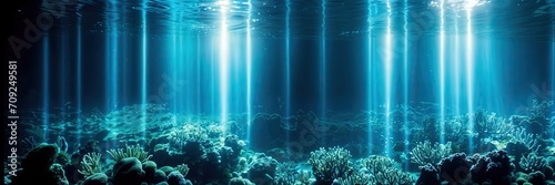 background with vertical light stripes on the bottom of the sea with algae photo