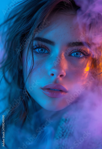 A Young Female model in a surround dissolve in neon swirling flowing smoke fog