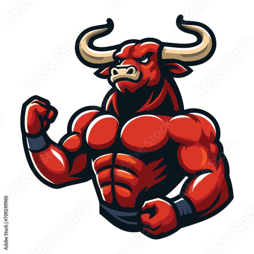 Strong athletic body muscle bull mascot design vector illustration, logo template isolated on white background