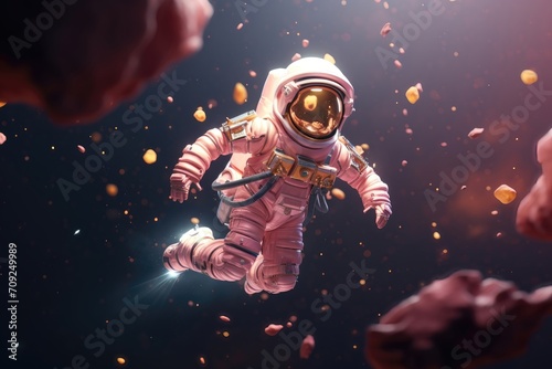 Astronaut in a pink spacesuit drifting through an asteroid field in space