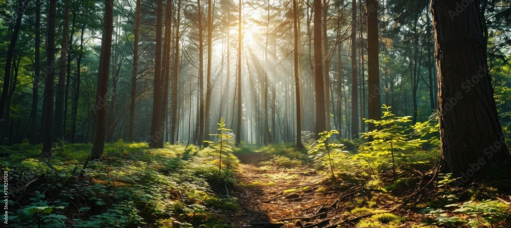sun rays in the forest - obrazy, fototapety, plakaty 