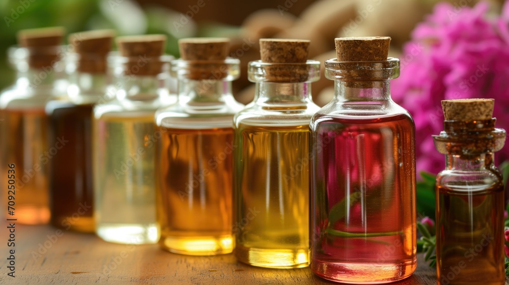 Assorted glass bottles of essential oils displayed on wooden surface with a pink flower in the background. The vibrant colors of the oils reflect the natural ingredients used