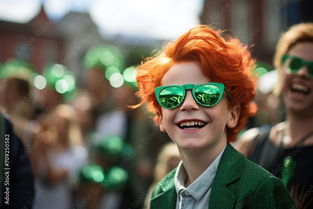 Red-haired boy with green sunglasses, laughing at a parade