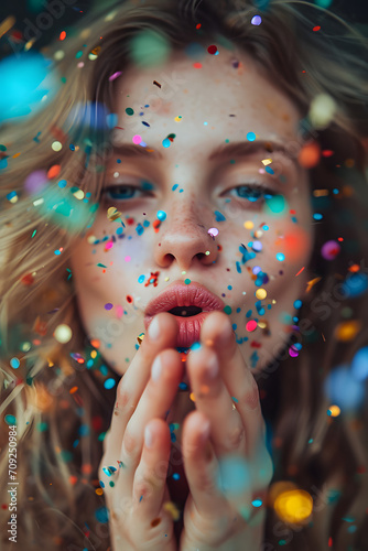 A women portrait blowing confetti around 