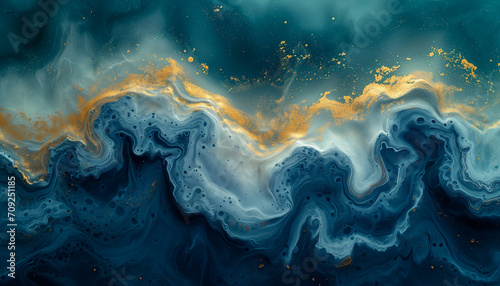 Abstraction. Ocean. Sea. Fluid art. Natural luxury. The style includes swirls of marble or ripples of agate. Very beautiful blue paint with the addition of gold powder 