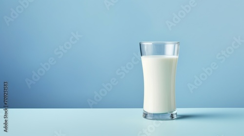 A tall glass of fresh milk stands against a soft blue background, representing purity, freshness, and the wholesome goodness of dairy. photo