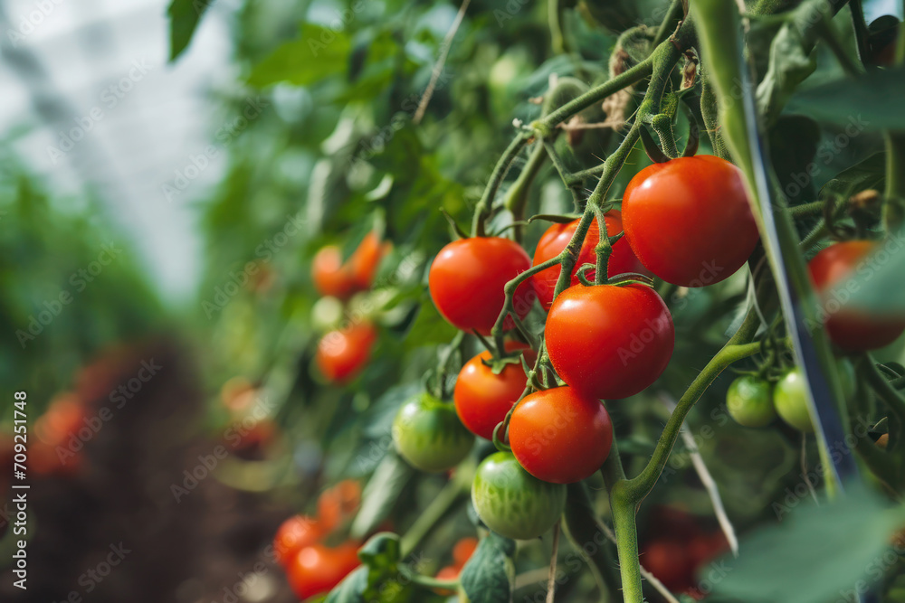 Tomato plants growing in greenhouse. Fresh bunch of red natural tomatoes in organic vegetable garden. Tomato plants growing in greenhouse. Fresh bunch of red natural tomatoes in organic vegetable garden.