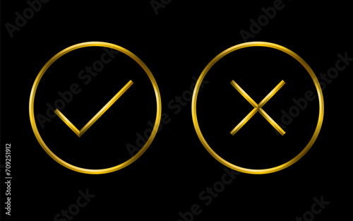 Correct and Incorrect icons, golden metallic thin 3d lines vector illustration collection.
