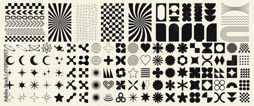 Big vector set of Y2K design elements. Trendy abstract minimalist figures, stars, flowers, circles. Vector illustration photo