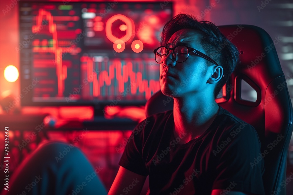 A nerd man crying with Bitcoin red trading graph monitor background. A nerd man crying with Bitcoin red trading graph monitor background.