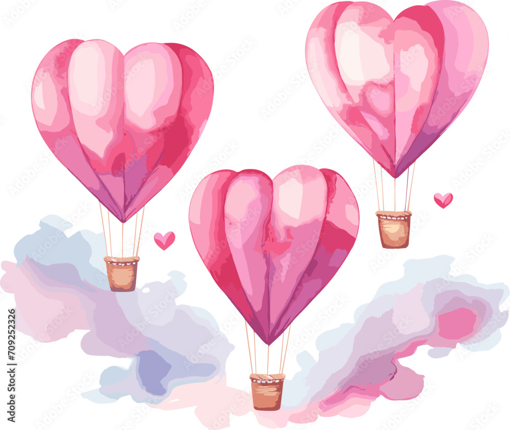 Hot air balloon Heart shape. Description of flight air transport. Hand drawn watercolor element for design Valentine's day card isolated on white background.