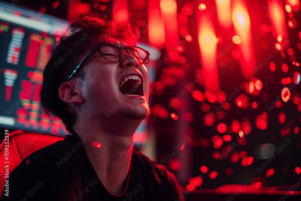 A nerd man crying with Bitcoin red trading graph monitor background. A nerd man crying with Bitcoin red trading graph monitor background.
