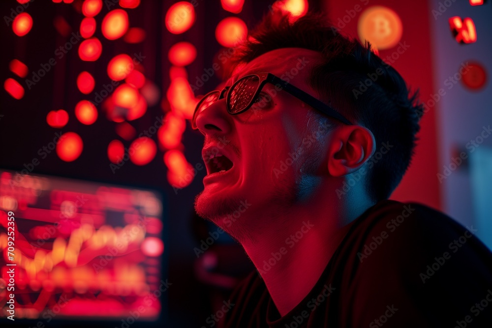 A nerd man crying with Bitcoin red trading graph monitor background. A nerd man crying with Bitcoin red trading graph monitor background.