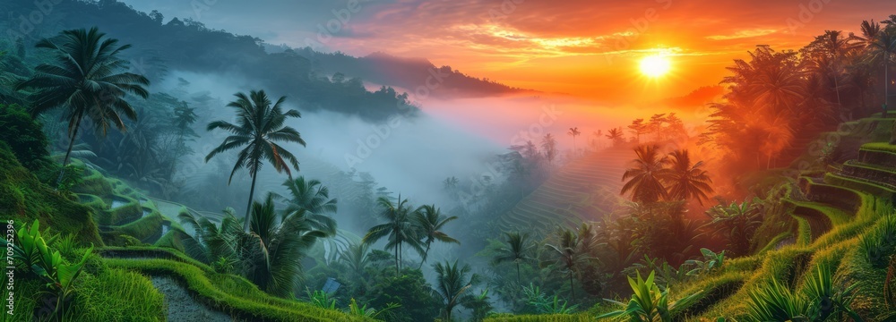Sunrise illuminates misty rice terraces with rays of light piercing through palm trees in a tranquil tropical landscape