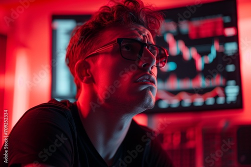 A nerd man crying with Bitcoin red trading graph monitor background.