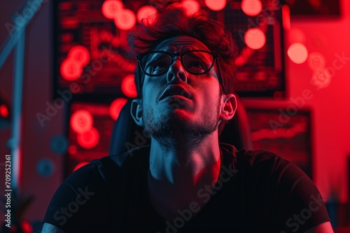 A nerd man crying with Bitcoin red trading graph monitor background.