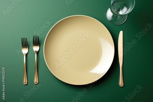 St Patrick's Day table setting with empty golden plate for dish on green background. Mock up. Top view, flat lay. Copy space.