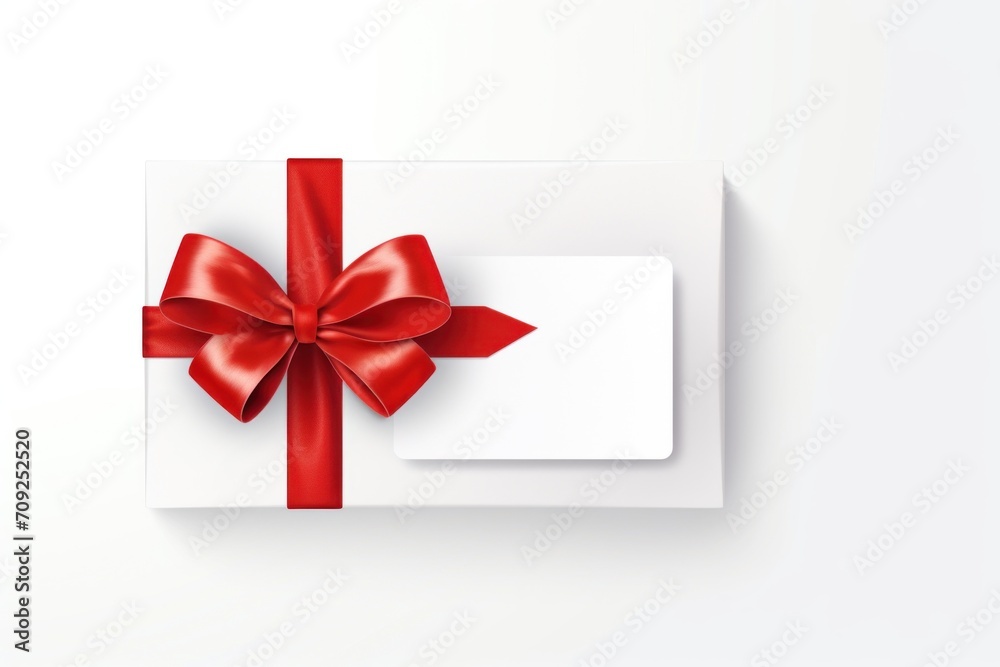 White envelope, gift card with red bow isolated on white background. View from above. Gift card. Birthday. Valentines day. White envelope, gift card with red bow isolated on white background. View from above. Gift card. Birthday. Valentines day.
