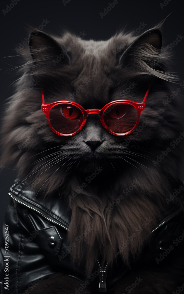 Cool brutal cat with glasses. Fluffy and cute cat