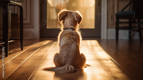 The dog sits at the door and waits for its owner photo