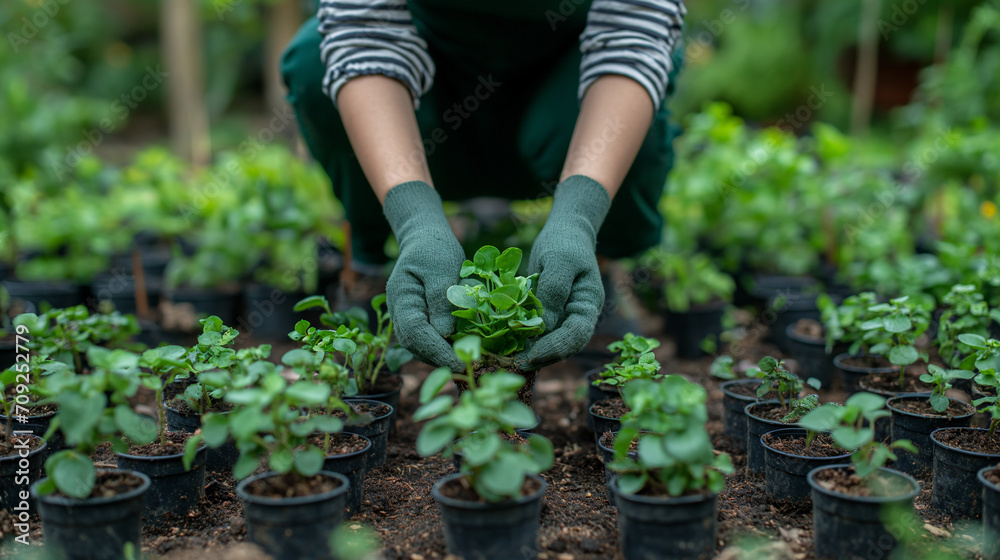 A person tending to a garden in with potted plants, cultivating natural beauty,