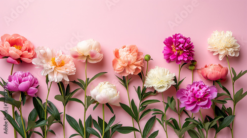 Bouquet of pink peonies on a pink background, space for text