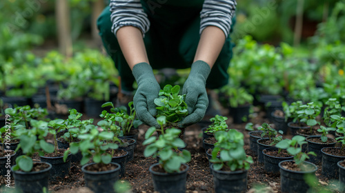 A person tending to a garden in with potted plants  cultivating natural beauty 