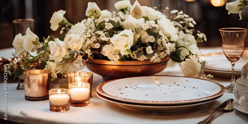 Table adorned with white flower bouquet, vintage copper tray with candles, wedding decor at home.