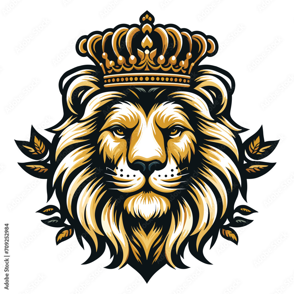 Fototapeta premium Lion Head with crown Logo mascot vector illustration, emblem design isolated on white background